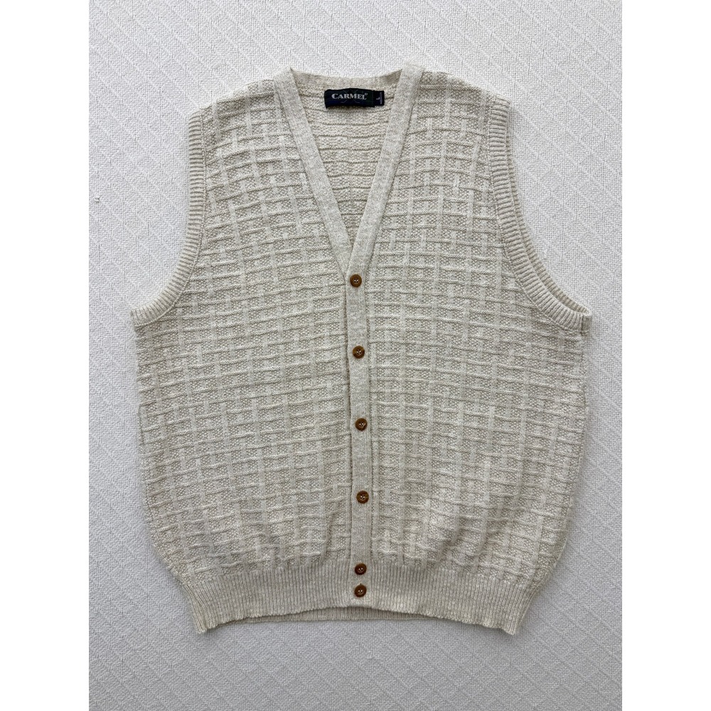 Vintage Carmel Basketweave Knit Button Front Sweater Vest Oatmeal Beige Mens Lrg